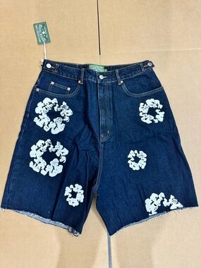 Men's Dark Blue Denim Jean Shorts with White Floral Prints